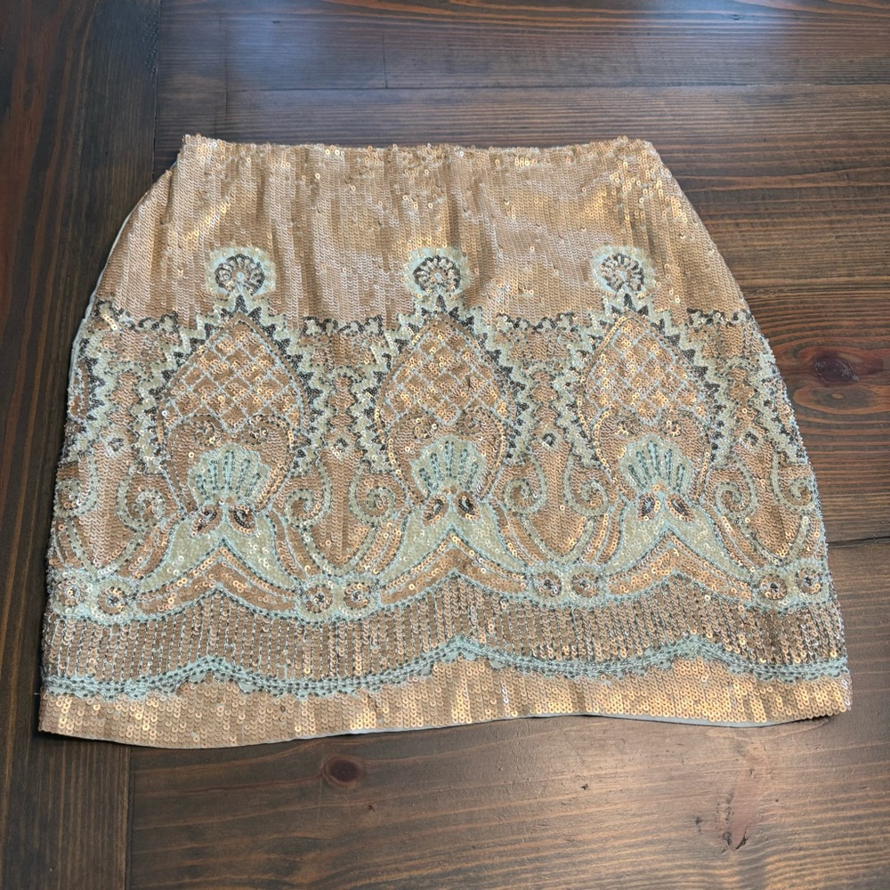 Alya Gold Sequin Pencil Skirt with Mint Embroidery